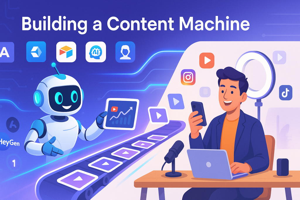 Friendly robot and human creator collaborating to automate content production with AI tools and analytics.