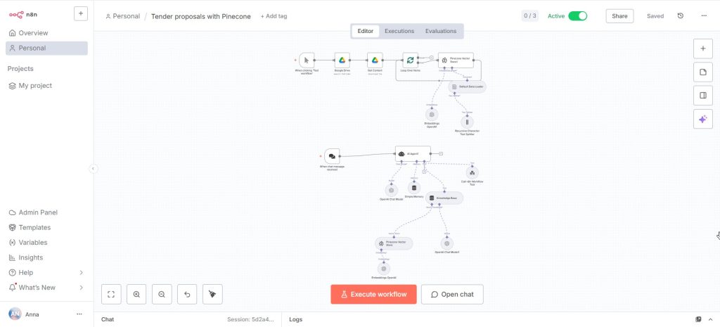n8n workflow for automating tender proposal analysis with Pinecone and OpenAI.