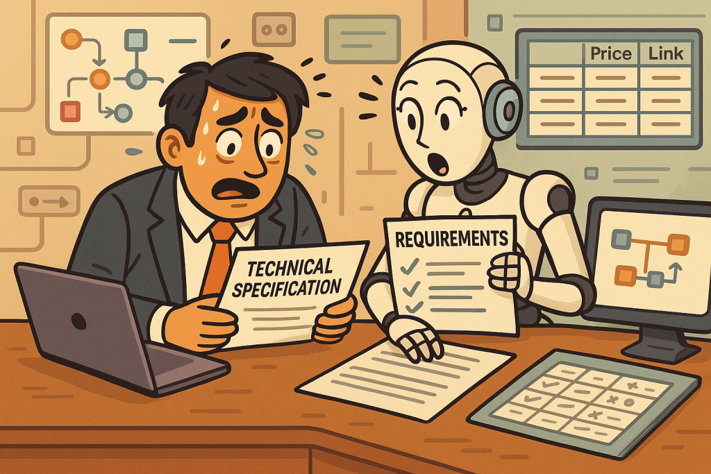 Illustration of a businessman and a robot assistant reviewing a technical specification and requirements document together in an office.