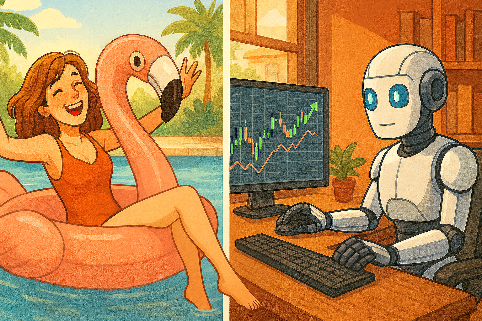 Teen developer working with AI trading software on computer screen showing stock market data and GitHub code