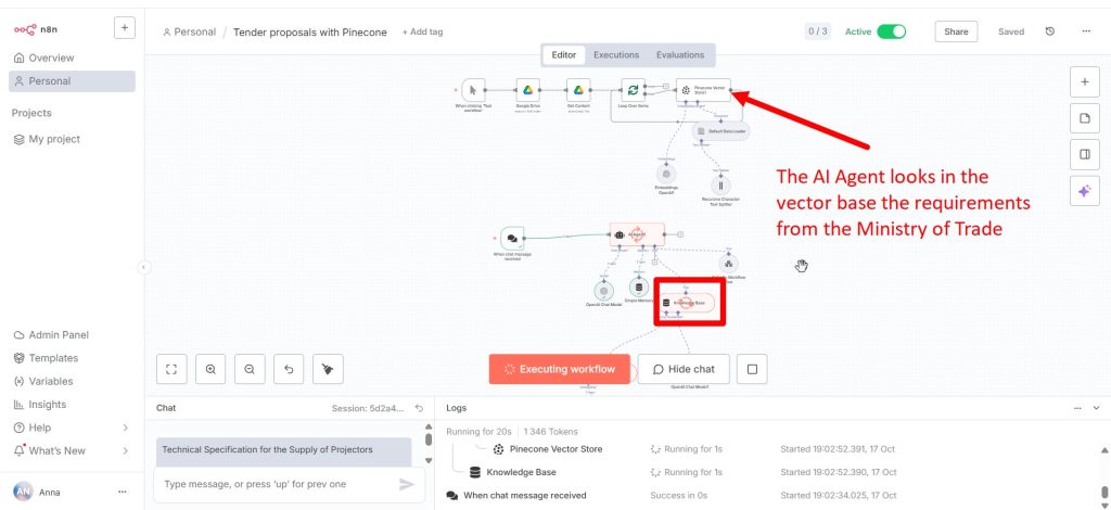 n8n workflow for automating tender proposal analysis with Pinecone and OpenAI.