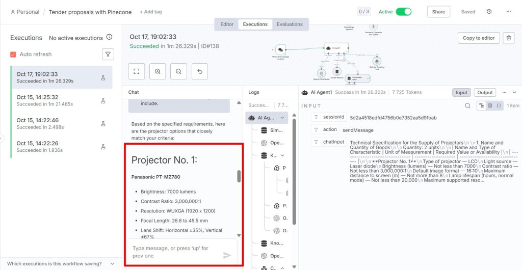 Screenshot of an n8n workflow execution for automated tender proposal generation using Pinecone and OpenAI integration.