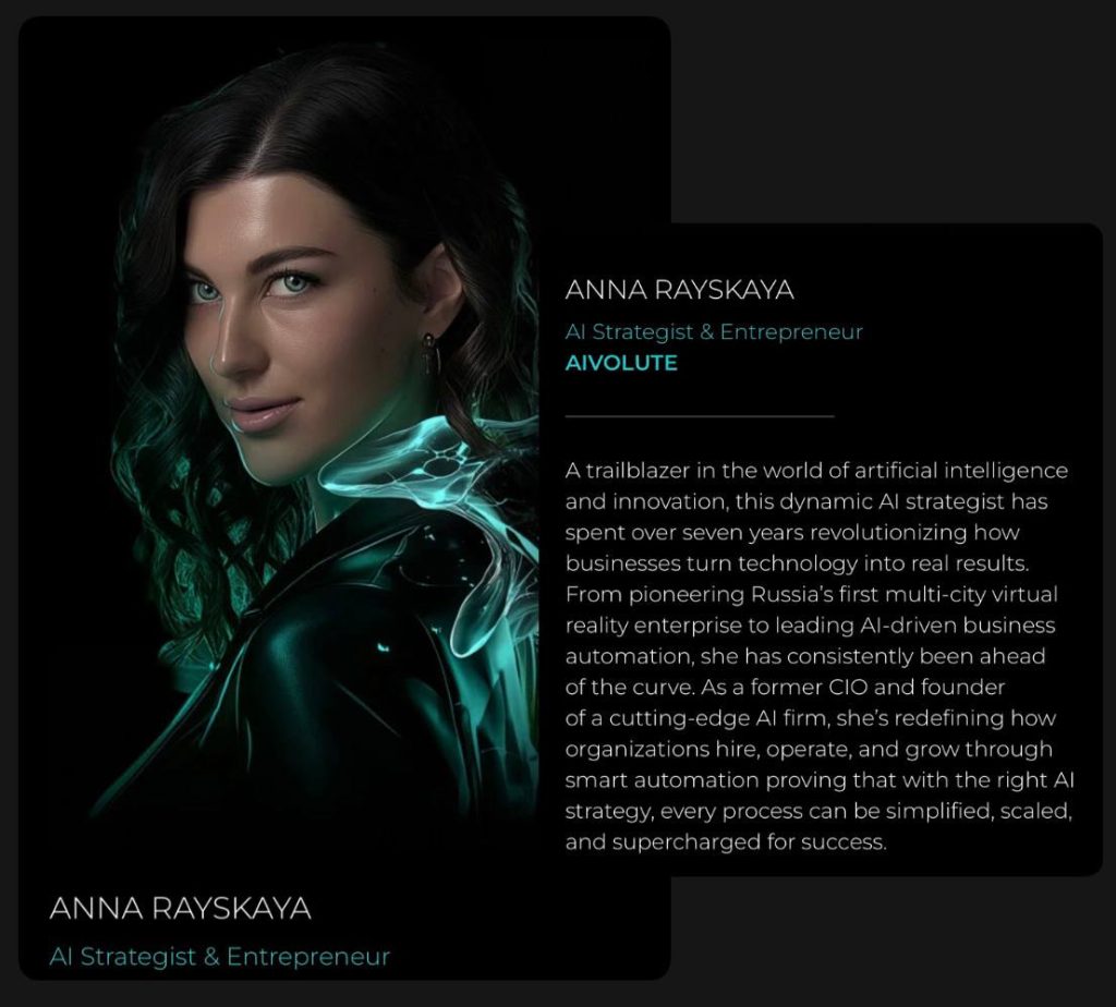 Editorial illustration showing the AI business transformation conference in Dubai, with Anna Rayskaya speaking on stage.