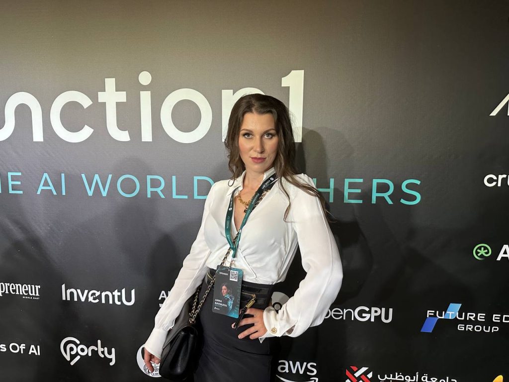 AI consultant Anna speaking at Function 1 conference Dubai about AI implementation strategies for small businesses