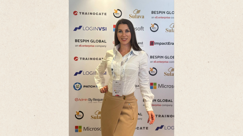 Anna Rayskaya at a global tech conference discussing the future of AI and why now is the golden age for mastering AI tools.