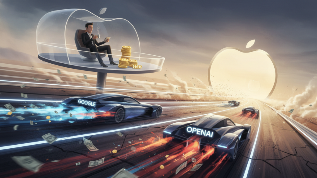A cinematic digital illustration showing Apple winning the AI race by standing aside while Google and OpenAI compete on a futuristic racetrack; a calm executive sits above them, counting gold coins labeled “$19B”.